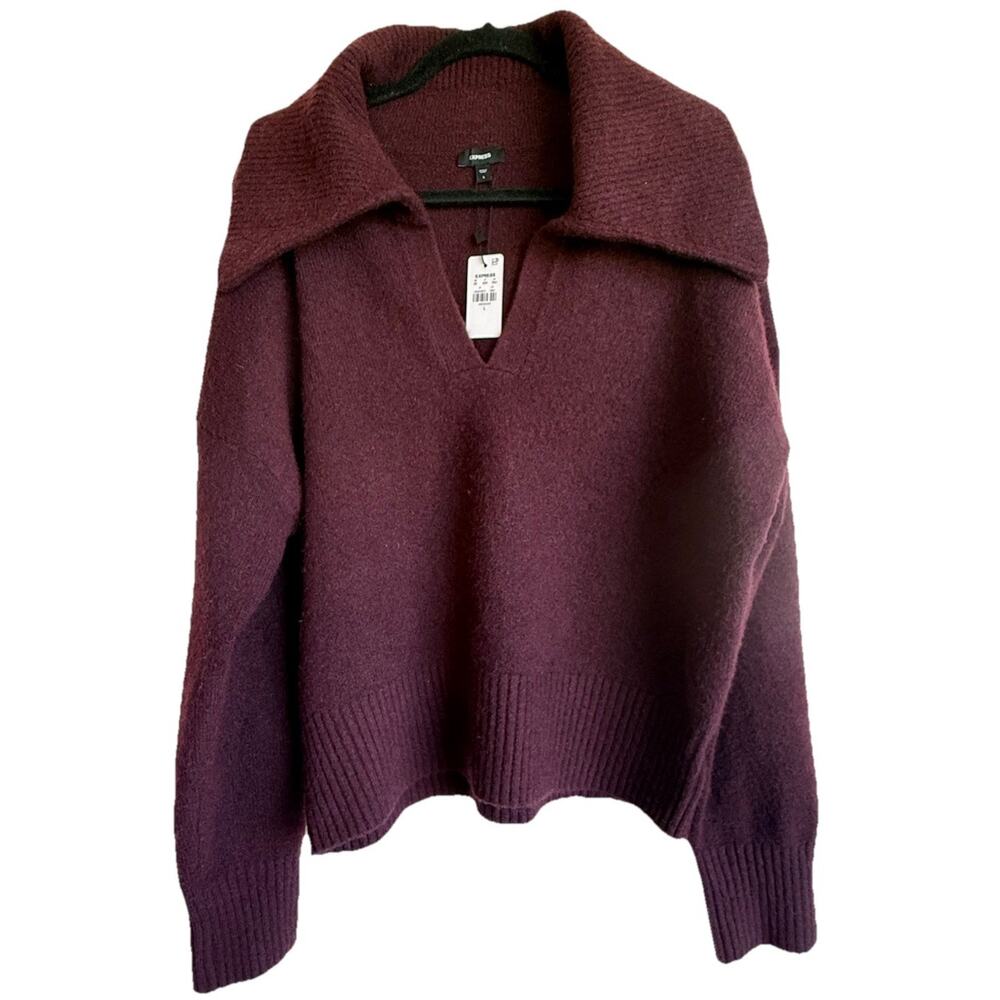 EXPRESS Burgundy Wool Blend V Neck Collared Polo Sweater Size L NWT, MSRP $88